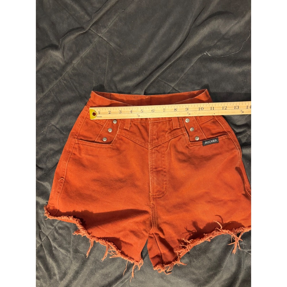 Vintage Rockies High Waisted Western Denim Shorts Burnt Orange Rust Raw Hem 24